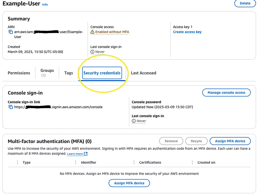 Here's the security credentials section